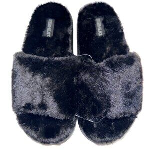 32° Heat Womens Plush Cushion Slide Slippers Black Faux Fur EVA Sole Comfy Size